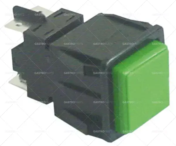 tlačítkový spínač, montážní rozměry 28,5x28,5mm zelený 2NO 250V 16A připojení vnější faston 6,3mm Akční Cena
