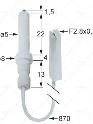 zapalovací elektroda D1 ø 5mm délka kabelu 870mm připojení F 2,8x0,8mm D2 ø 8mm L1 1,5mm BL1 22mm Koupit Online
