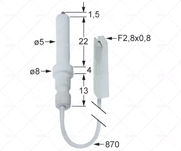 zapalovací elektroda D1 ø 5mm délka kabelu 870mm připojení F 2,8x0,8mm D2 ø 8mm L1 1,5mm BL1 22mm Koupit Online