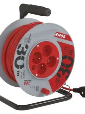Značkový Prodlužovací kabel na bubnu 30 m 4 zásuvky červený PVC 230 V 1mm2 EMOS P19430