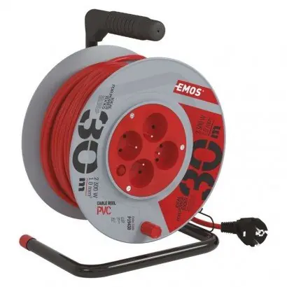 Značkový Prodlužovací kabel na bubnu 30 m 4 zásuvky červený PVC 230 V 1mm2 EMOS P19430