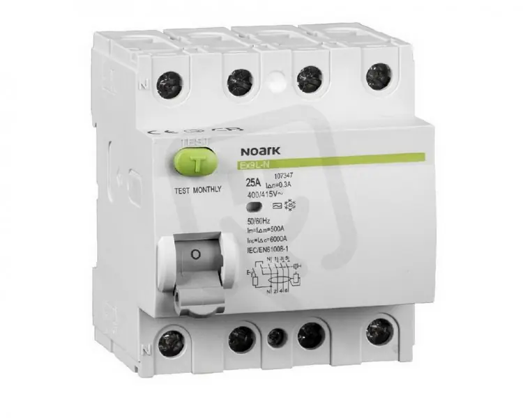 Proudový chránič NOARK 108331 EX9L-N 6kA, 4-pól, 25A, 30mA, typ AC Ověřený