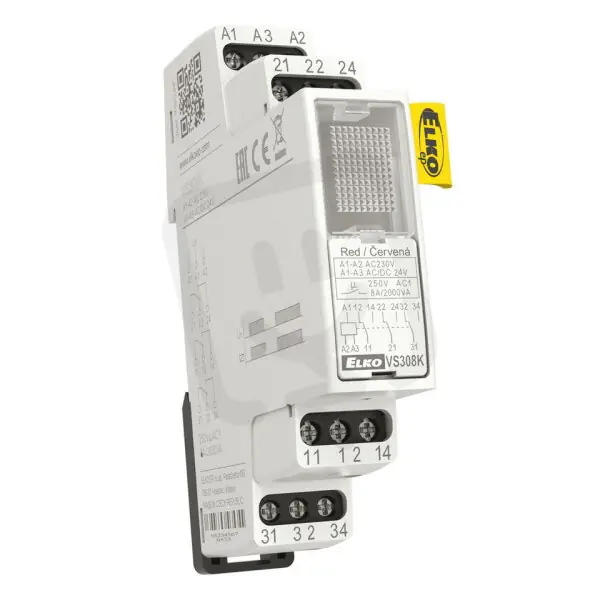 Speciální Cena Pomocné relé 3x8A přepínací, AC 230V, AC/DC 24V VS308K/červená ELKO EP