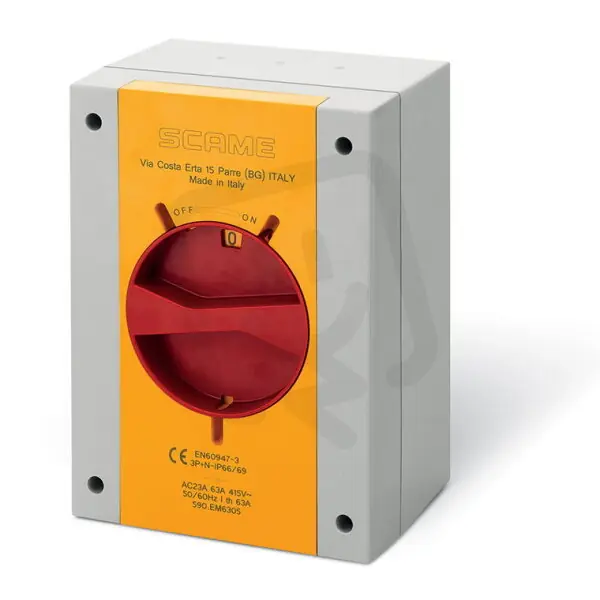 Průmyslový spínač ISOLATOR plastový 63A 3P IP65 emergency SCAME 590.EM6303 Tovární Cena