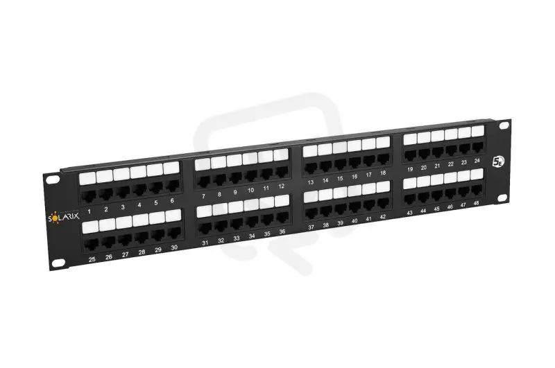 Tovární Cena 19" Patch panel 48 x RJ45 CAT5E UTP 150 MHz černý 2U SOLARIX 24000480
